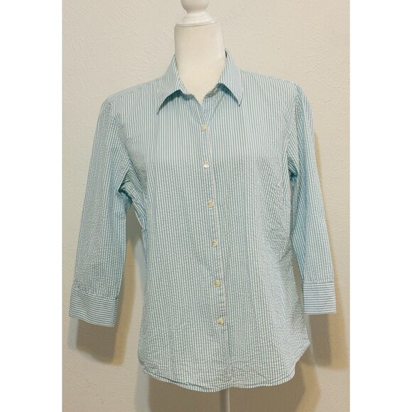 LL Bean Women Size M Teal/White Striped Seersucker Button Up Shirt Blouse - Picture 1 of 13